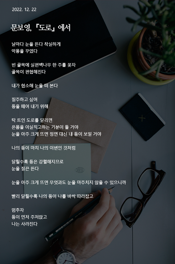  도로 -문보영 날마다 눈을 뜬다 착실하게 악몽을 꾸었다 빈 골목에 실편백나무 한 주를 꽂자 골목이 편협해진다 내가 협소해 눈을 떠 본다 질주하고 싶어 등을 떼어 내기 위해 탁 트인 도로를 달리면 온몸을 이실직고하는 기분이 들 거야 눈을 아주 크게 뜨면 정면 대신 내 등이 보일 거야 나의 등이 마치 나의 이변인 것처럼 달릴수록 등은 강렬해지므로 눈을 질끈 뜬다 눈을 아주 크게 뜨면 무엇과도 눈을 마주치지 않을 수 있으니까 빨리 달릴수록 나의 등이 나를 바싹 따라잡고 멈추자 등이 먼저 주저앉고 나는 사라진다 작가 : 문보영 출전 : 『책기둥』(민음사, 2017) 