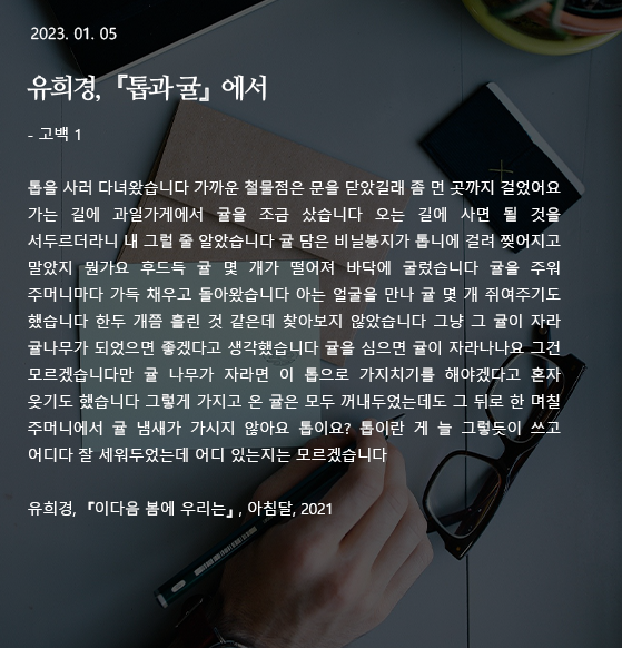  톱과 귤 -유희경 톱을 사러 다녀왔습니다 가까운 철물점은 문을 닫았길래 좀 먼 곳까지 걸었어요 가는 길에 과일가게에서 귤을 조금 샀습니다 오는 길에 사면 될 것을 서두르더라니 내 그럴 줄 알았습니다 귤 담은 비닐봉지가 톱니에 걸려 찢어지고 말았지 뭔가요 후드득 귤 몇 개가 떨어져 바닥에 굴렀습니다 귤을 주워 주머니마다 가득 채우고 돌아왔습니다 아는 얼굴을 만나 귤 몇 개 쥐여주기도 했습니다 한두 개쯤 흘린 것 같은데 찾아보지 않았습니다 그냥 그 귤이 자라 귤나무가 되었으면 좋겠다고 생각했습니다 귤을 심으면 귤이 자라나나요 그건 모르겠습니다만 귤 나무가 자라면 이 톱으로 가지치기를 해야겠다고 혼자 웃기도 했습니다 그렇게 가지고 온 귤은 모두 꺼내두었는데도 그 뒤로 한 며칠 주머니에서 귤 냄새가 가시지 않아요 톱이요? 톱이란 게 늘 그렇듯이 쓰고 어디다 잘 세워두었는데 어디 있는지는 모르겠습니다 작가 : 유희경 출전 : 『이다음 봄에 우리는』(아침달, 2021) 